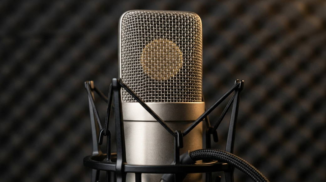 The image captures a close-up view of a large-diaphragm condenser microphone, showcasing its intricately woven stainless steel grille and warm gold diaphragm subtly visible through the mesh. The microphone is supported by a shock mount, and the background features an acoustic foam panel that enhances the professional aesthetic of the composition.
