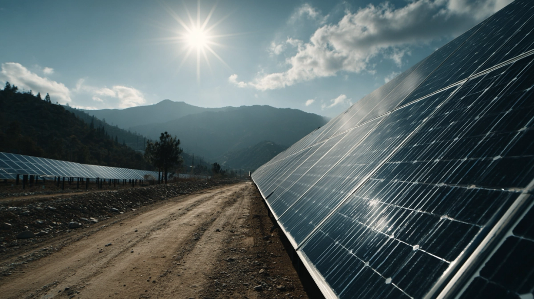 The image shows a solar farm with rows of solar panels aligned along a dirt road. In the background, mountains are visible under a bright sun, indicating a clear day.