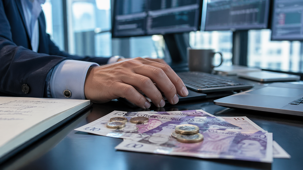 A close-up view of a hand resting on a keyboard near a laptop, with British currency notes and coins arranged on the table. The background features financial trading screens, suggesting a trading or financial analysis environment.
