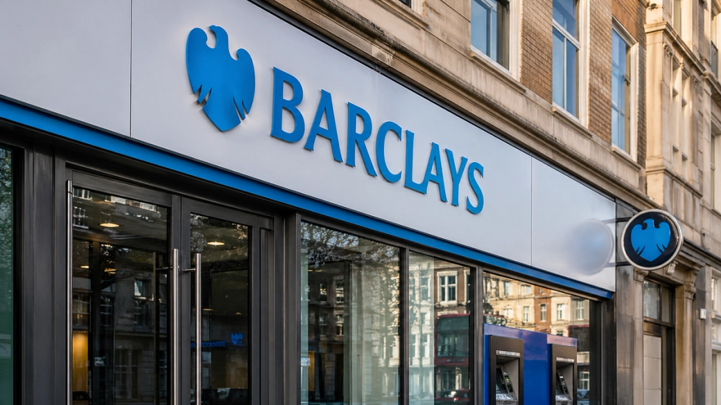 The image shows the exterior of a Barclays bank branch, featuring the bank's logo prominently above the entrance. The building has large glass windows, allowing visibility into the bank's interior.