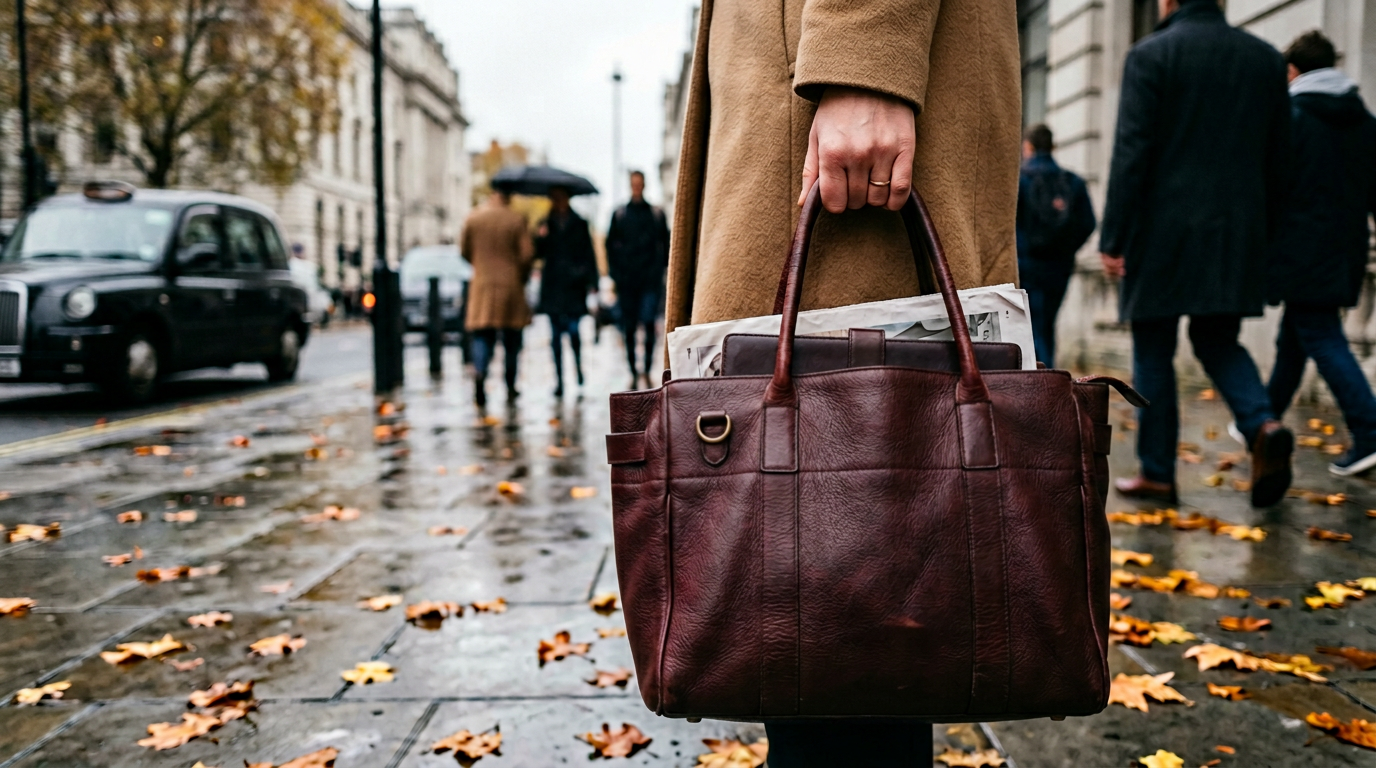 The image captures a woman's hand gripping a large burgundy leather tote on a wet London street during autumn. The focus is on the bag, which is elegantly filled and displaying its pebbled texture, while blurred pedestrians and a black cab create a sense of urban life in the background.