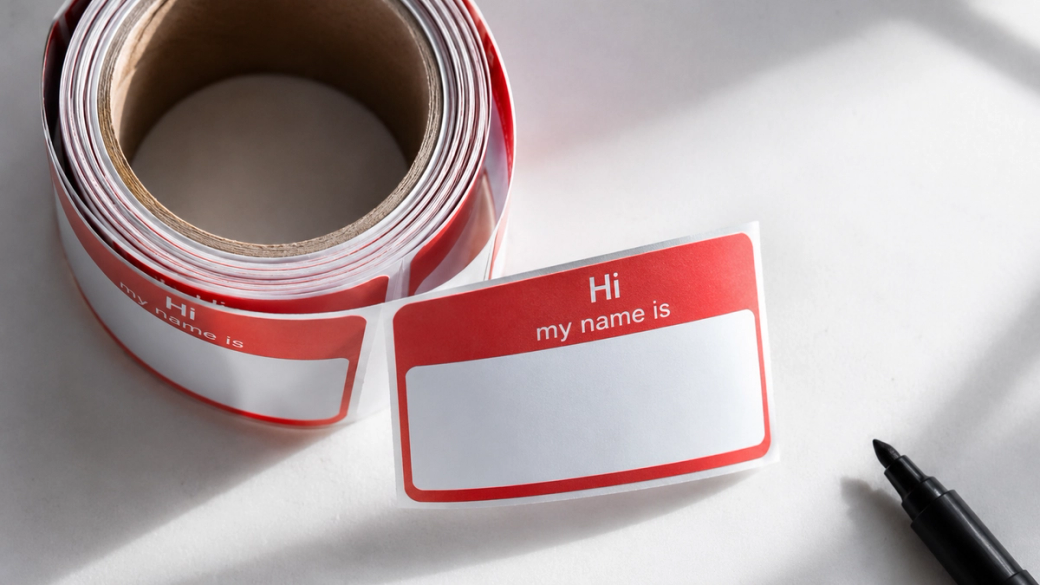 The image features a roll of red name tags, each with a blank space for customization. One name tag is partially unraveled, displaying the greeting 'Hi' followed by 'my name is' text.