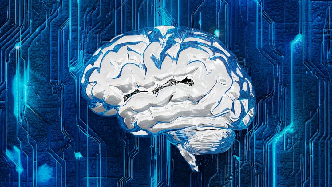 The image features a stylized representation of a human brain rendered in metallic silver, set against a backdrop of blue circuit patterns. This juxtaposition suggests a theme of technology and artificial intelligence.