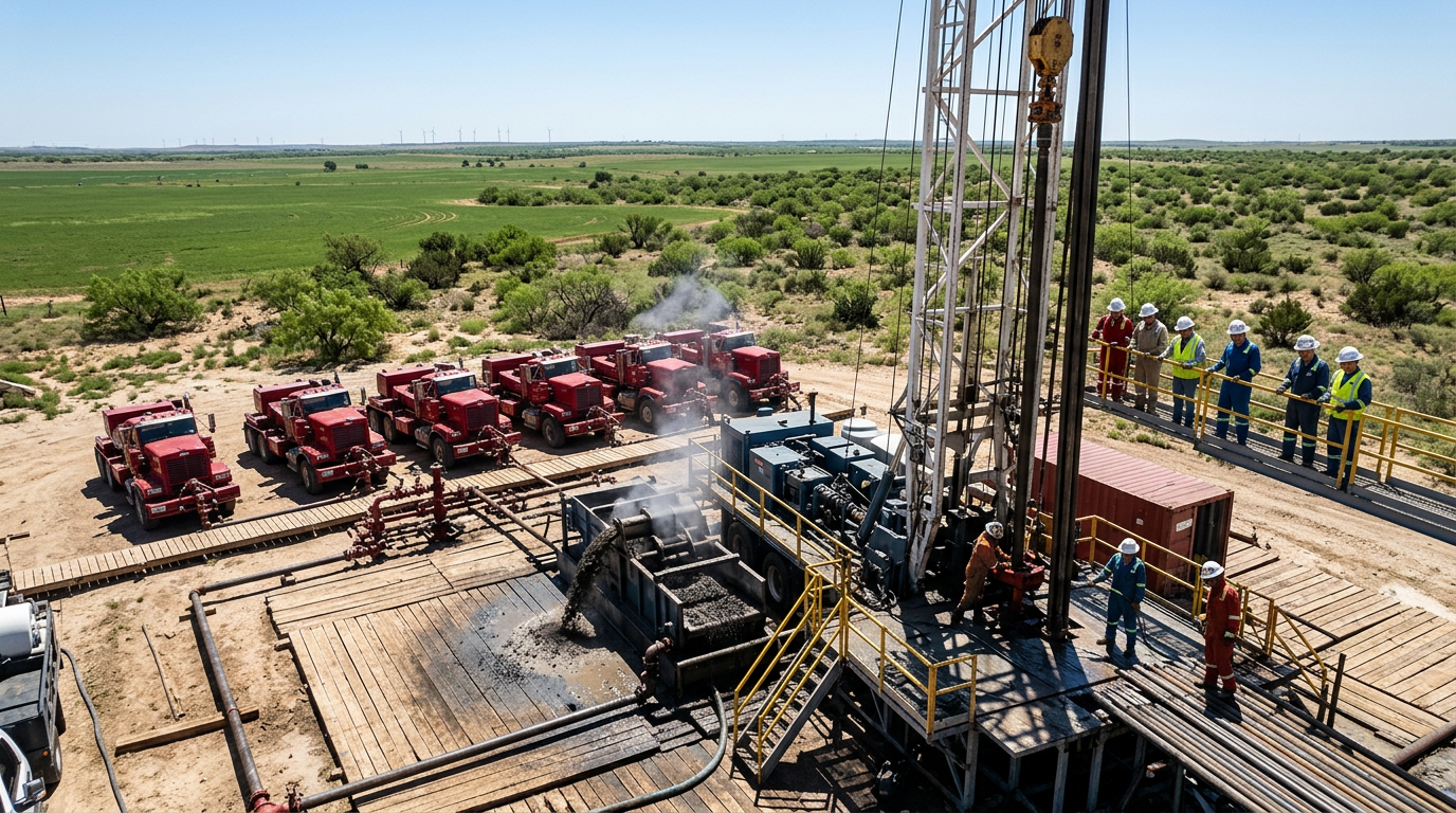The image depicts a hydraulic fracturing site in West Texas, showcasing multiple pump trucks arranged around a horizontal well pad. A mixed crew of workers in protective gear can be seen operating various equipment, with steam rising from the mud circulation system, highlighting the industrial activity against a backdrop of green agricultural land under bright sunlight.