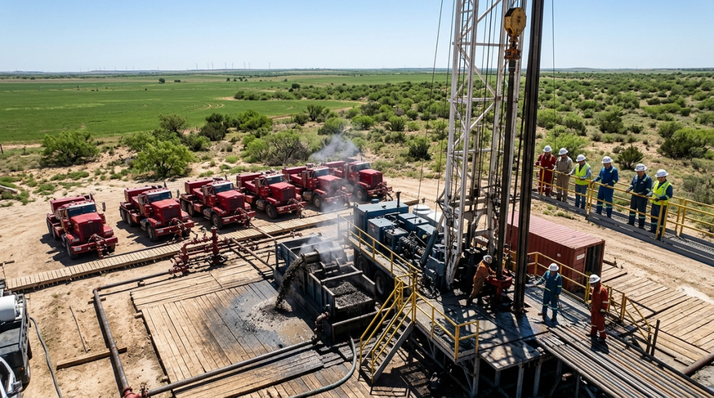 The image depicts a hydraulic fracturing site in West Texas, showcasing multiple pump trucks arranged around a horizontal well pad. A mixed crew of workers in protective gear can be seen operating various equipment, with steam rising from the mud circulation system, highlighting the industrial activity against a backdrop of green agricultural land under bright sunlight.