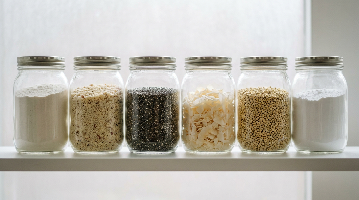 The image showcases a series of identical clear glass jars filled with various raw ingredients such as rice flour, ground almonds, chia seeds, and coconut flakes, all arranged neatly on a white shelf. The jars, illuminated from behind, create a soft glow highlighting the diversity of their contents, suggesting a curated collection of alternatives to conventional pantry staples, embodying a free-from lifestyle.