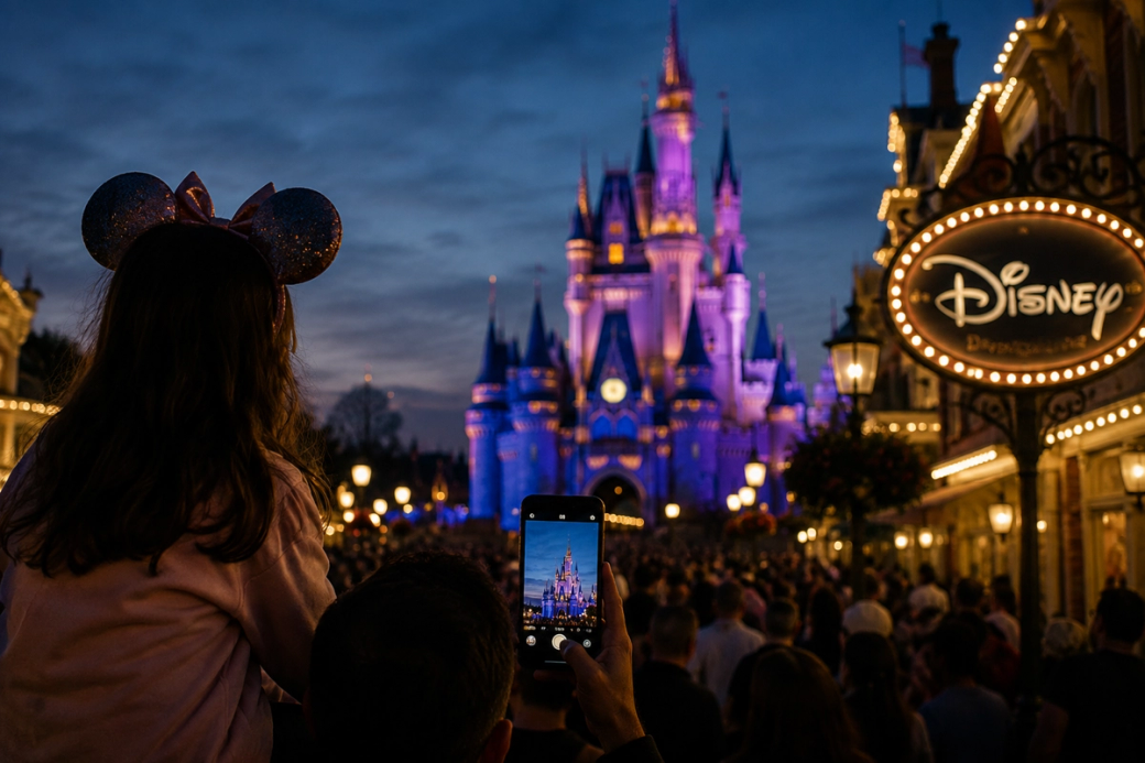 A child wearing a sparkly headband stands on an adult's shoulders, taking a photo of Cinderella Castle at Disneyland, illuminated in purple hues during twilight. A crowd of visitors is gathered in front of the castle, highlighting the popularity of the theme park.