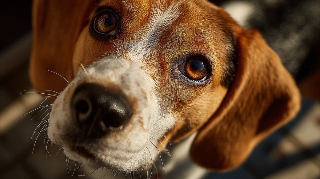A close-up photograph of a beagle dog with expressive eyes and a shiny coat. The image captures the dog's facial features in sharp focus, emphasizing its playful and friendly demeanor.