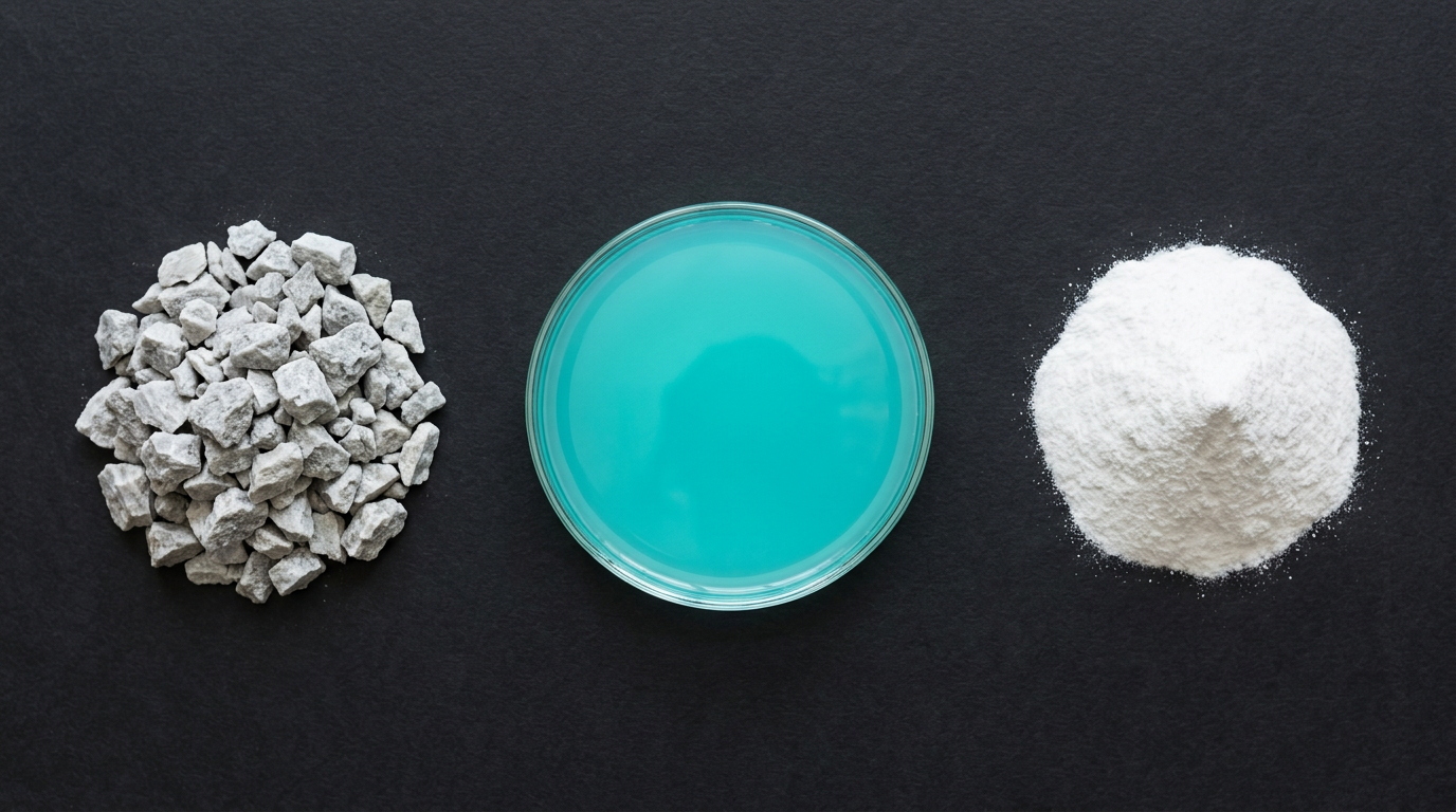 The image presents a clean arrangement of three distinct materials on a dark surface, illustrating the lithium value chain. On the left, pale grey spodumene ore fragments are shown, followed by a petri dish containing luminous turquoise brine in the center, and a neatly arranged cone of fine white lithium carbonate powder on the right, each material displaying different textures and colors.