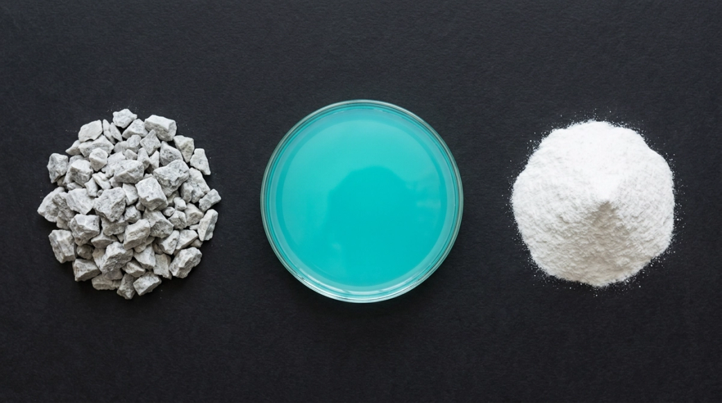 The image presents a clean arrangement of three distinct materials on a dark surface, illustrating the lithium value chain. On the left, pale grey spodumene ore fragments are shown, followed by a petri dish containing luminous turquoise brine in the center, and a neatly arranged cone of fine white lithium carbonate powder on the right, each material displaying different textures and colors.