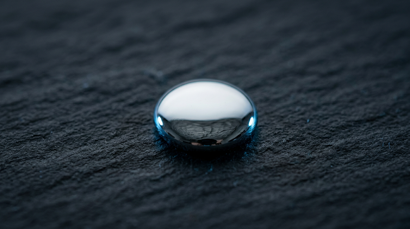 The image features a single droplet of liquid mercury perched on a rough, dark slab of slate. The droplet exhibits a smooth, mirror-like surface that reflects the texture of the slate beneath it, enhanced by a cool silver-white metallic tone and faint blue ambient light along its edge.