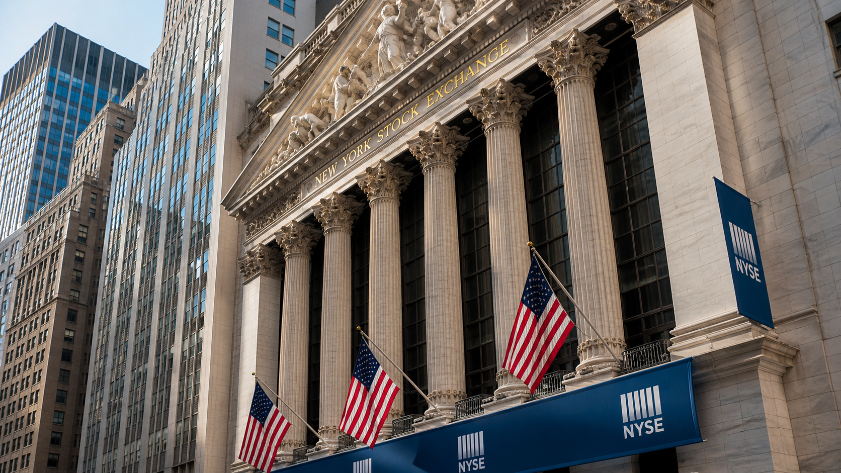 The image showcases the iconic facade of the New York Stock Exchange, featuring classical architecture with multiple columns. American flags are prominently displayed along the front, emphasizing its significance as a financial hub.