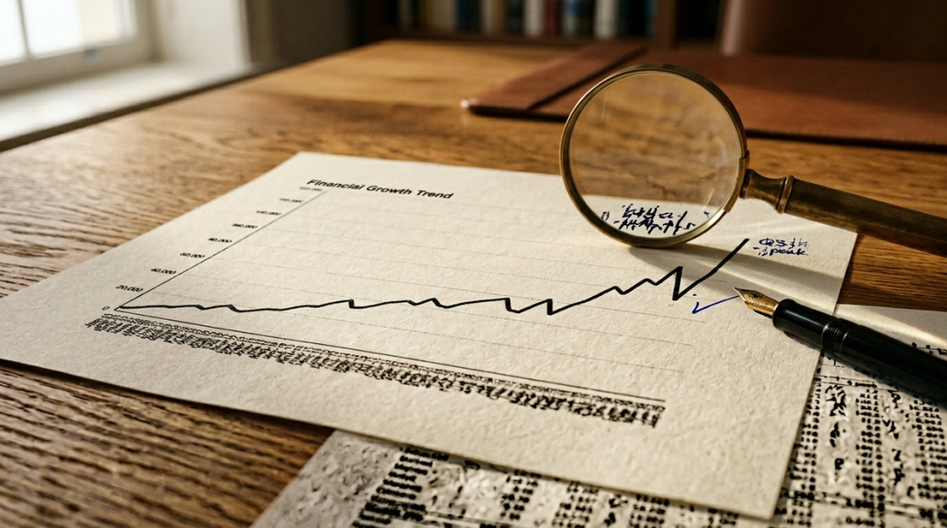 The image shows a financial growth trend chart placed on a wooden desk, with a magnifying glass resting on it. A fountain pen lies nearby, suggesting a professional financial analysis context.
