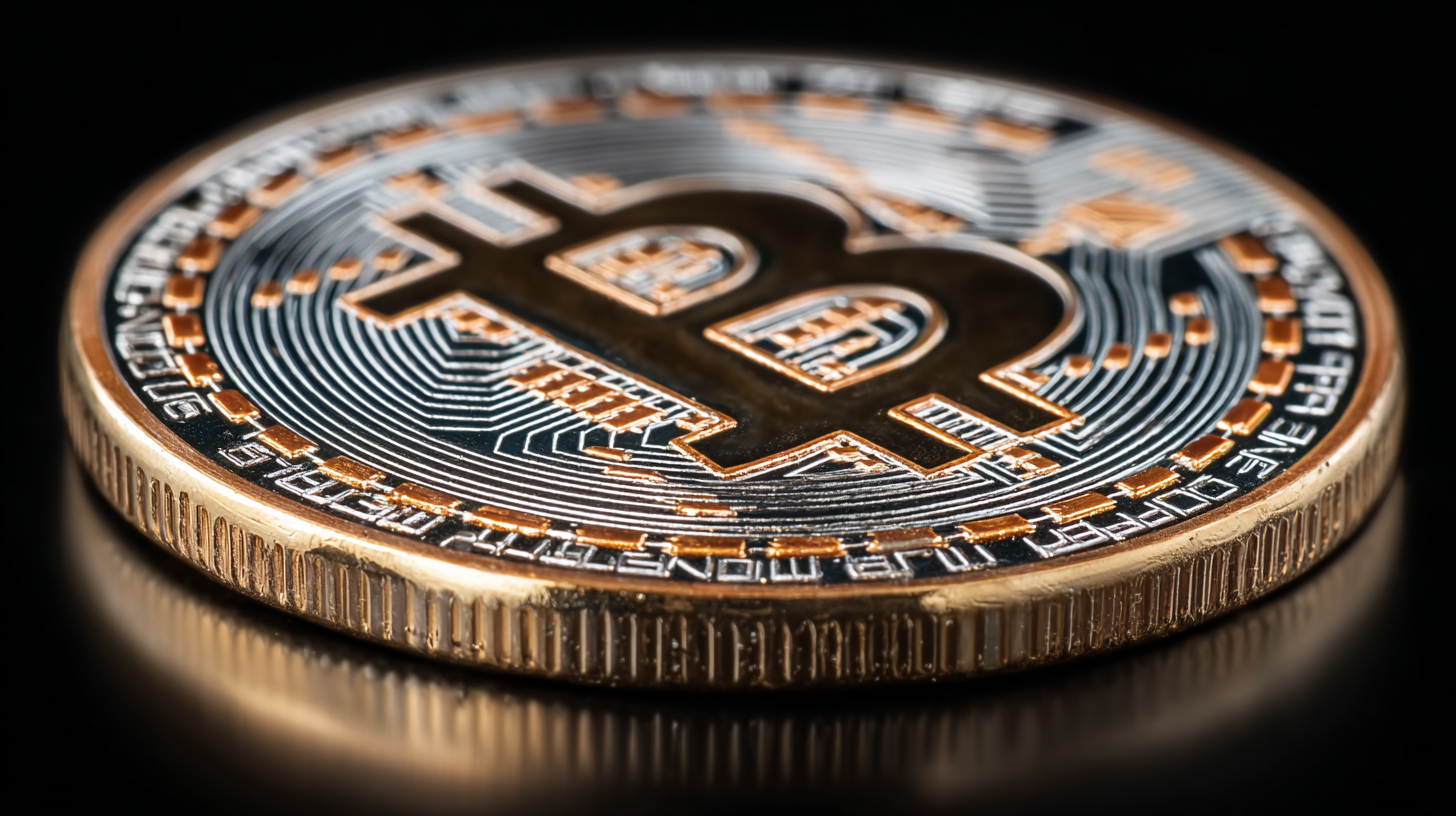 The image showcases a close-up view of a physical Bitcoin cryptocurrency coin, highlighting its intricate design and digital motif. The coin is depicted against a black background, emphasizing its shiny metallic surface.