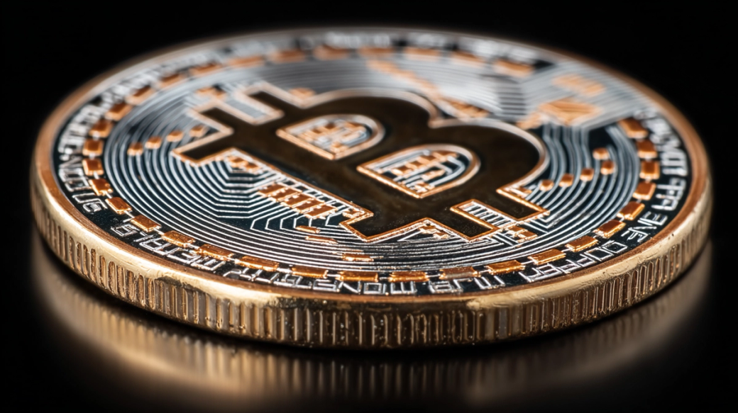 The image showcases a close-up view of a physical Bitcoin cryptocurrency coin, highlighting its intricate design and digital motif. The coin is depicted against a black background, emphasizing its shiny metallic surface.
