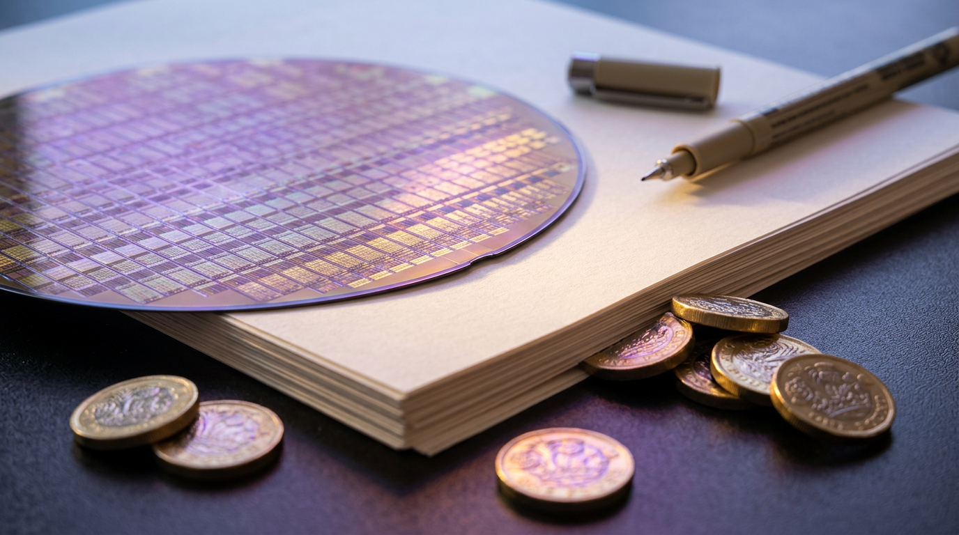 The image features a silicon wafer with an iridescent circuit pattern resting atop a stack of freshly printed share certificates. Scattered British pound coins reflect warm light against the cream paper, while a fine-point pen lies across the top certificate, adding to the financial theme.