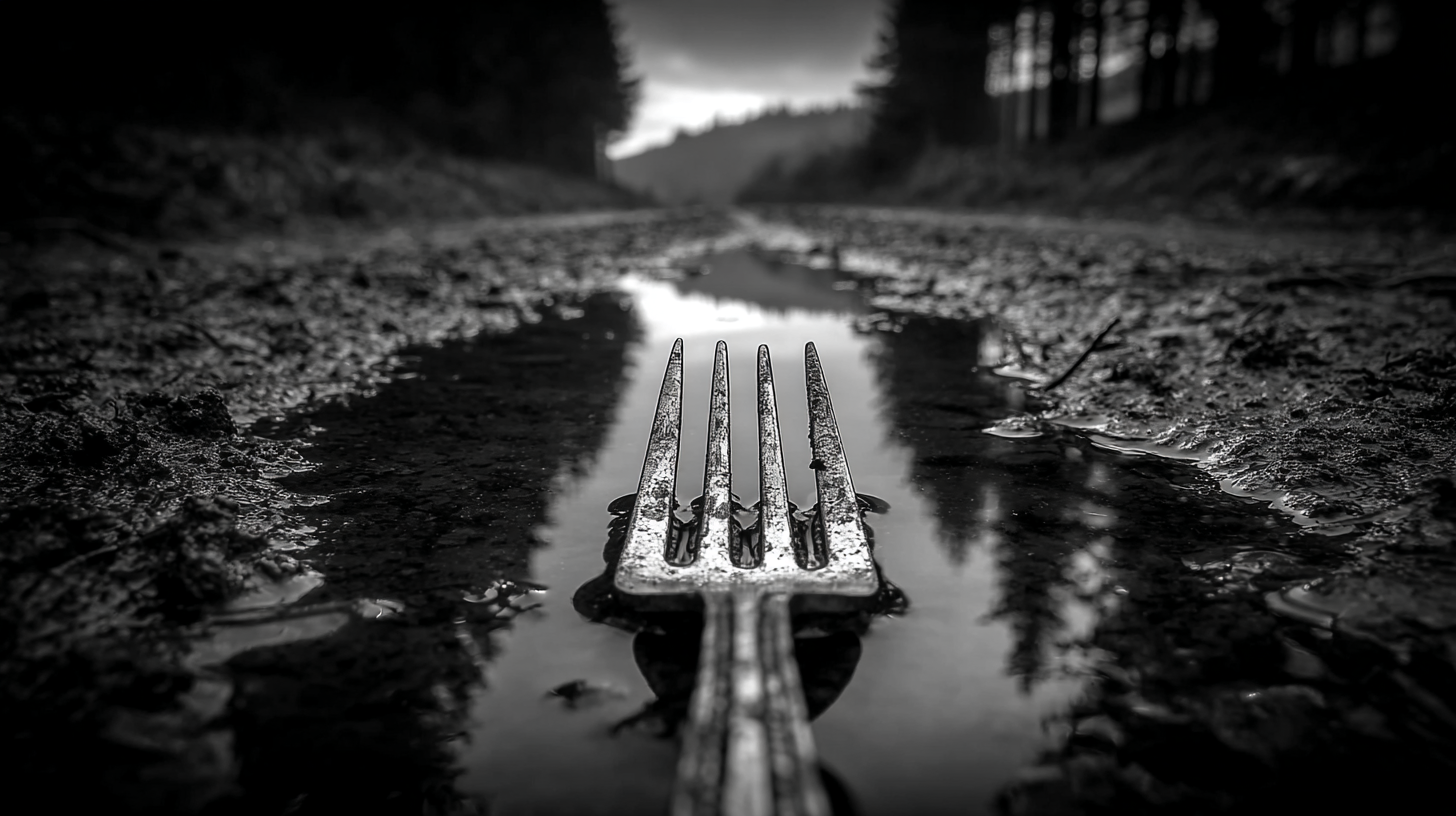 The image depicts a rusty fork lying in a shallow puddle along a muddy, deserted dirt road surrounded by trees. The black and white setting adds a dramatic and eerie atmosphere.