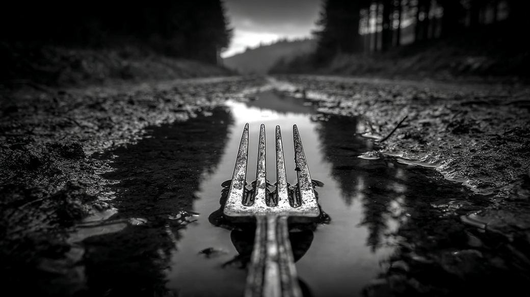 The image depicts a rusty fork lying in a shallow puddle along a muddy, deserted dirt road surrounded by trees. The black and white setting adds a dramatic and eerie atmosphere.