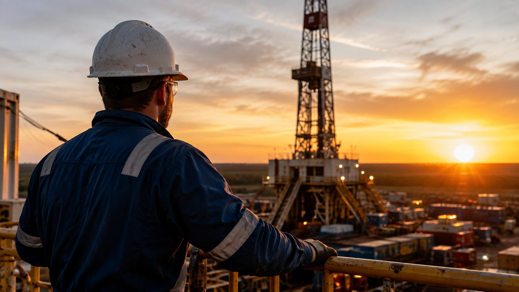 A worker in a hard hat observes the sunset from an oil drilling rig. The silhouette of the rig is prominent against the vibrant sky, highlighting the industrial setting.