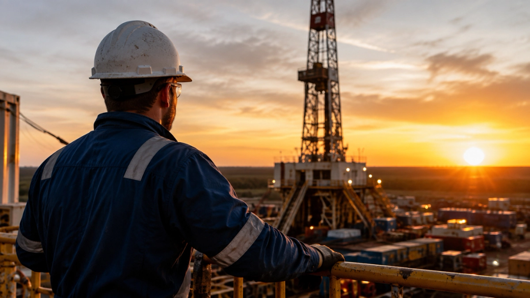 A worker in a hard hat observes the sunset from an oil drilling rig. The silhouette of the rig is prominent against the vibrant sky, highlighting the industrial setting.