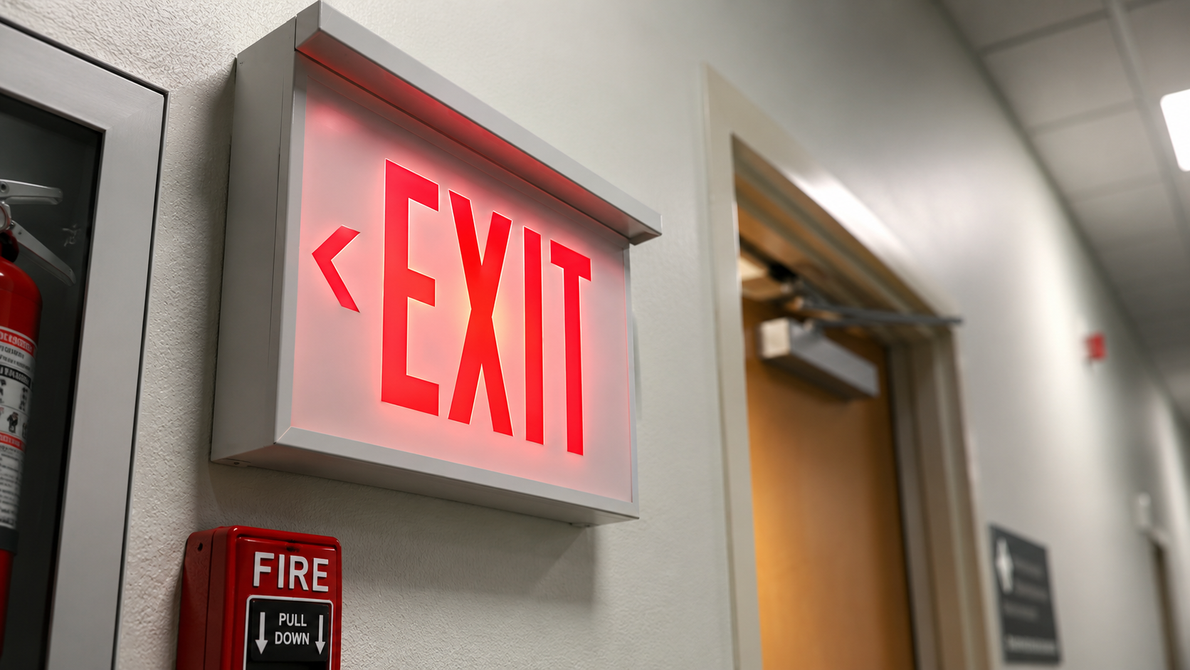 The image shows a brightly illuminated EXIT sign hanging on a wall in a corridor, with a fire alarm box visible nearby. The setting suggests a public building, emphasizing safety and emergency exits.