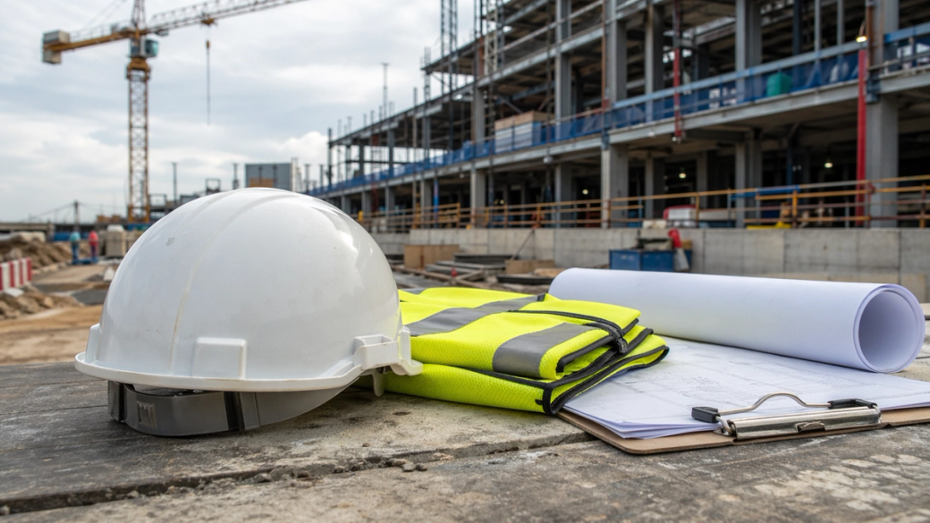 The image shows a construction site with a white hard hat, reflective safety vest, blueprints, and a clipboard on a wooden surface. In the background, construction workers are visible alongside a crane and the partially constructed building framework.