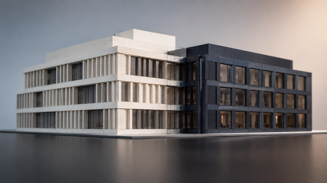 The image shows a detailed architectural model of a modern building featuring a combination of light and dark materials. The structure highlights angular designs with large windows, set against a neutral background.