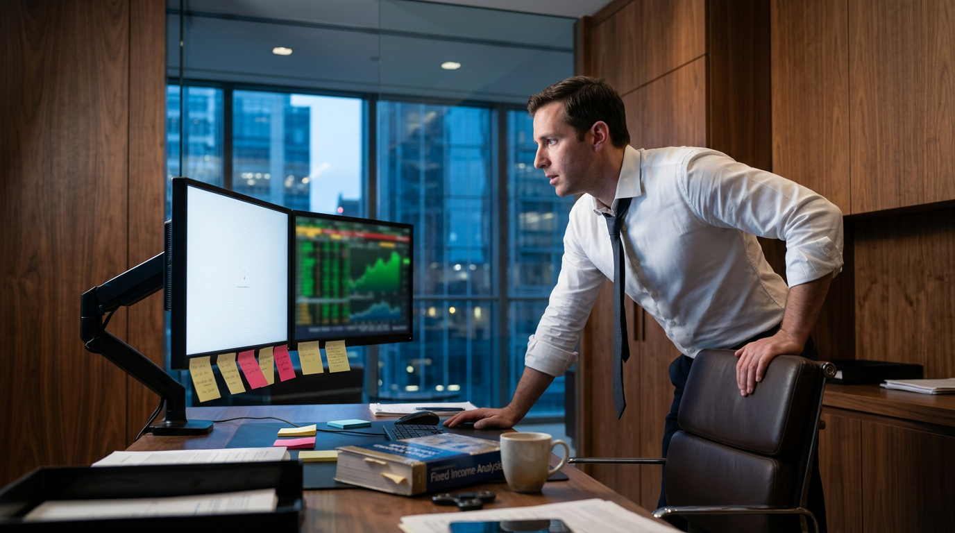 The image shows a focused trader in a sleek family office trading suite, leaning forward with one hand on the back of a leather chair. The environment features walnut paneling and large glass windows showcasing a modern financial district, with a glowing screen displaying a bullish market trend and various Post-it notes stuck to the monitors.