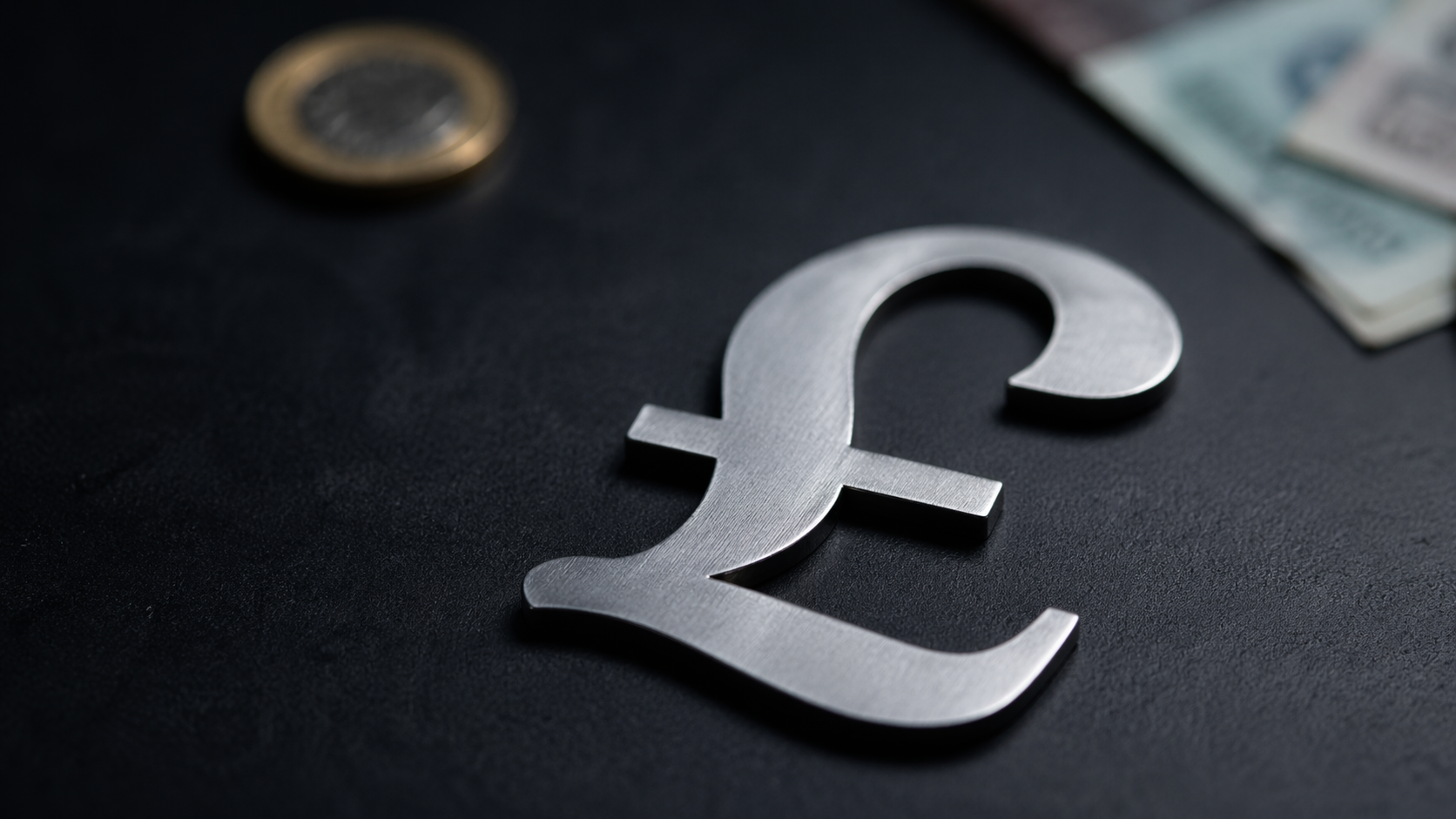 The image features a metallic British pound symbol placed on a dark surface alongside visible banknotes and a coin. The contrast emphasizes the currency theme, highlighting financial elements.