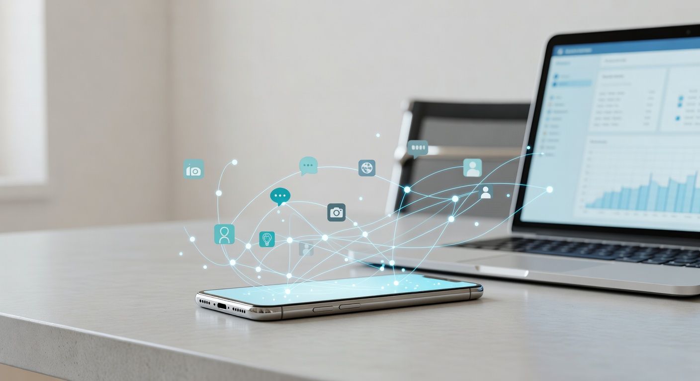 The image depicts a smartphone placed on a desk alongside a laptop, with digital connectivity symbols floating above the devices. The setting suggests a modern and tech-savvy workspace focused on digital communication and data analysis.