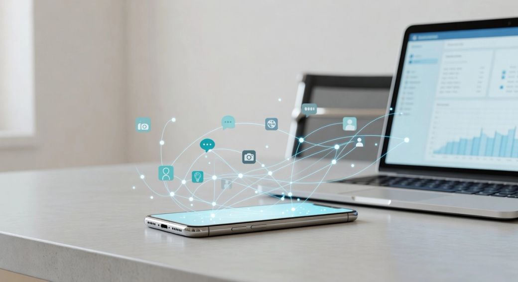 The image depicts a smartphone placed on a desk alongside a laptop, with digital connectivity symbols floating above the devices. The setting suggests a modern and tech-savvy workspace focused on digital communication and data analysis.