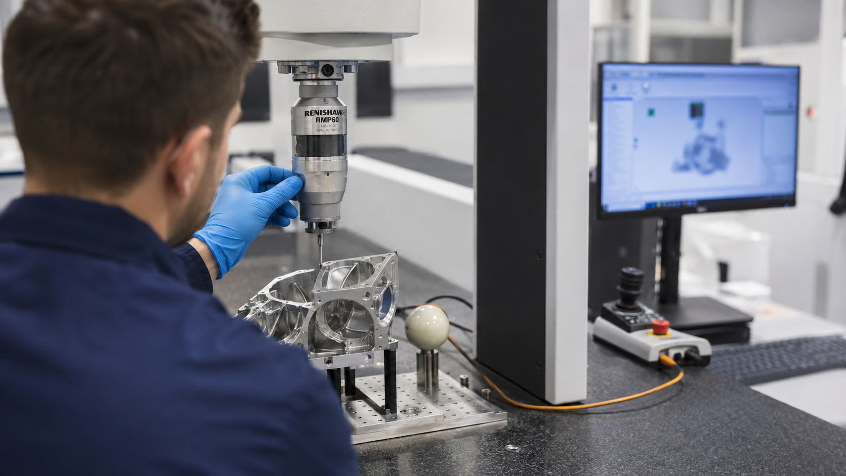 A technician operates a precision measuring machine in a laboratory setting, focusing on a metal workpiece. The scene highlights the intersection of technology and engineering in a quality control process.