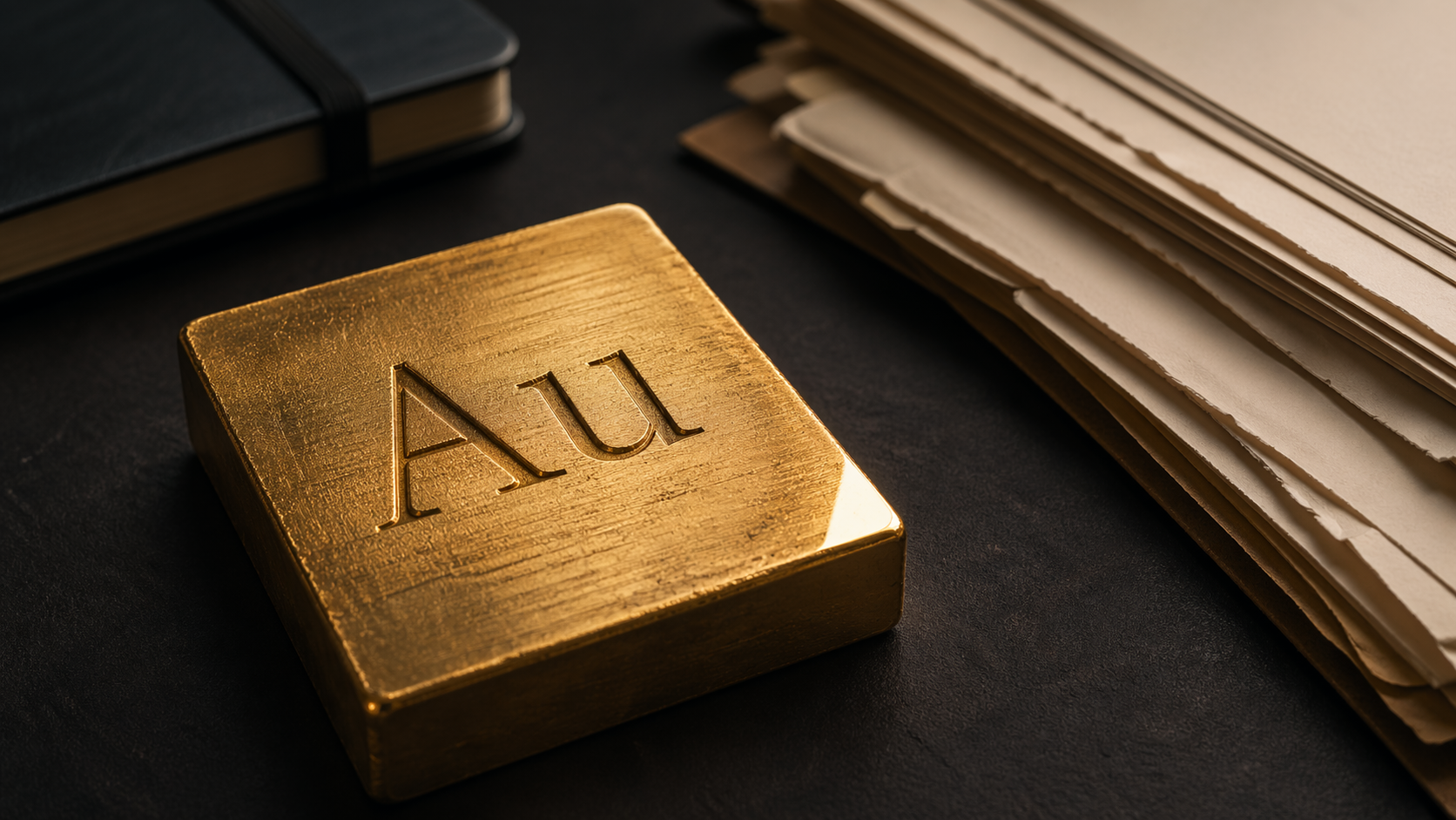 The image showcases a gold bar with the chemical symbol 'Au' prominently engraved on its surface, positioned on a dark surface alongside neatly stacked sheets of paper and a closed notebook. The overall composition conveys a sense of wealth and investment.