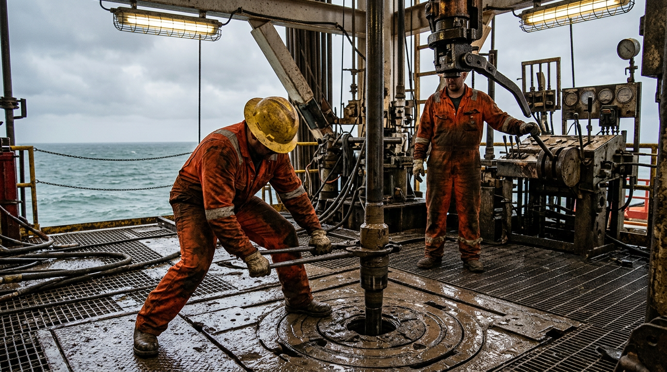The image depicts two roughnecks working on the drill floor of an offshore jack-up rig. One figure is crouched at the rotary table, gripping a joint of drill pipe with tongs, while the second figure stands at the top drive controls, observing the operation. Both are dressed in flame-retardant coveralls stained with drilling mud, immersed in the gritty realities of their demanding work environment.