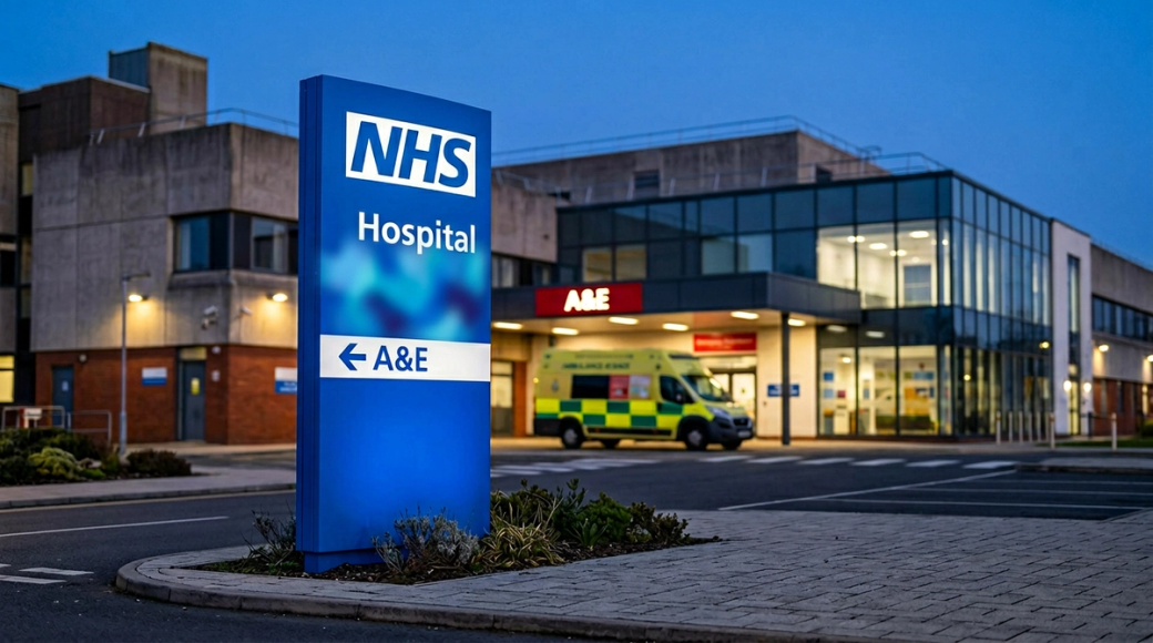 The image depicts a prominent NHS hospital entrance sign made of a tall rectangular monolith in NHS Blue, featuring the NHS logotype and the word 'Hospital' in white. In the background, a multi-decade NHS estate showcases a blend of older concrete structures and a newer glazed extension, with an illuminated emergency department marked 'A&E' and a parked NHS ambulance, creating a scene at dusk.