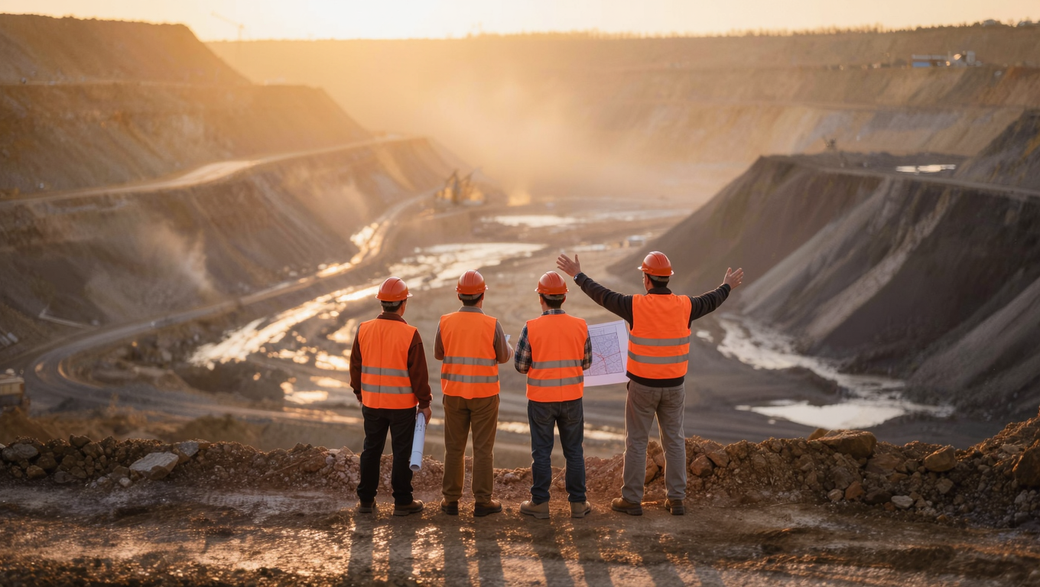 The image shows four construction workers in safety gear observing a mining site at sunset. They are standing on a rocky ledge, with machinery visible in the background as they appear to discuss plans.