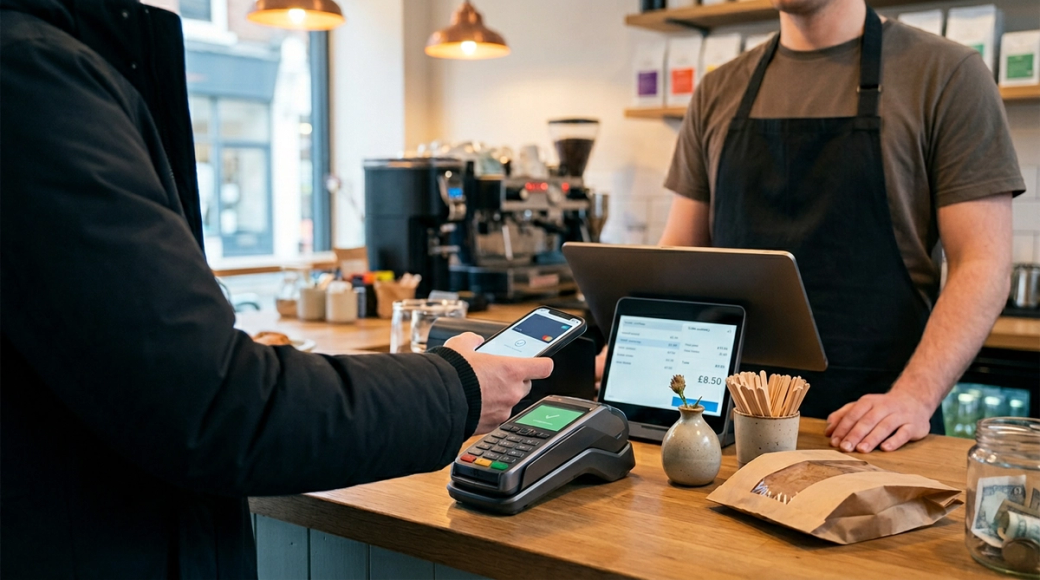 The image captures a candid moment inside an independent café, depicting a transaction at the point-of-sale counter. A customer, obscured from view, extends a smartphone towards a handheld payment terminal, while a shop assistant, partially visible, supervises the process, illustrating the intimate exchange of a typical café experience.