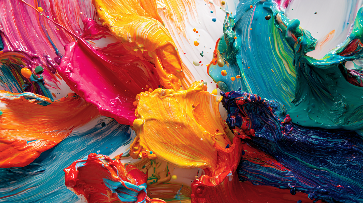 The image showcases an abstract composition of vibrant paint swirls. The colorful mixture features a variety of bold hues blending and splattering, creating an energetic visual effect.