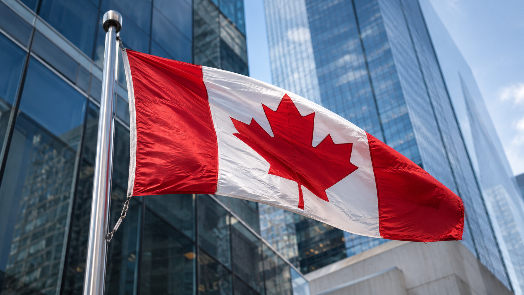 A Canadian flag is prominently waving in front of a backdrop of modern glass skyscrapers. The image captures the dynamic urban environment, reflecting Canada's identity.