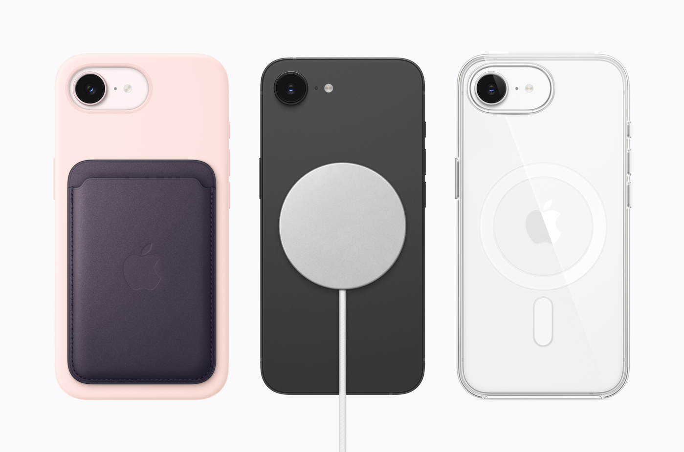 The image showcases three different phone cases designed for Apple iPhones. Each case features a unique style, with one having a card holder, another a sleek back, and the third with a MagSafe attachment.