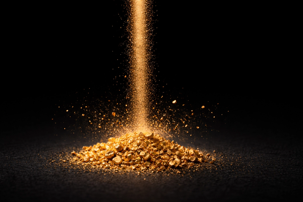 The image features a mound of golden particles being poured from above, creating a sparkling effect against a dark background. The light reflects off the gold, emphasizing its texture and shine.