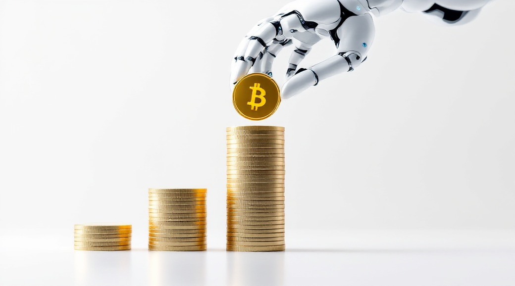 The image depicts a robotic hand placing a gold Bitcoin coin atop a stack of golden coins, representing the intersection of technology and cryptocurrency. The background is minimalistic, emphasizing the financial theme.