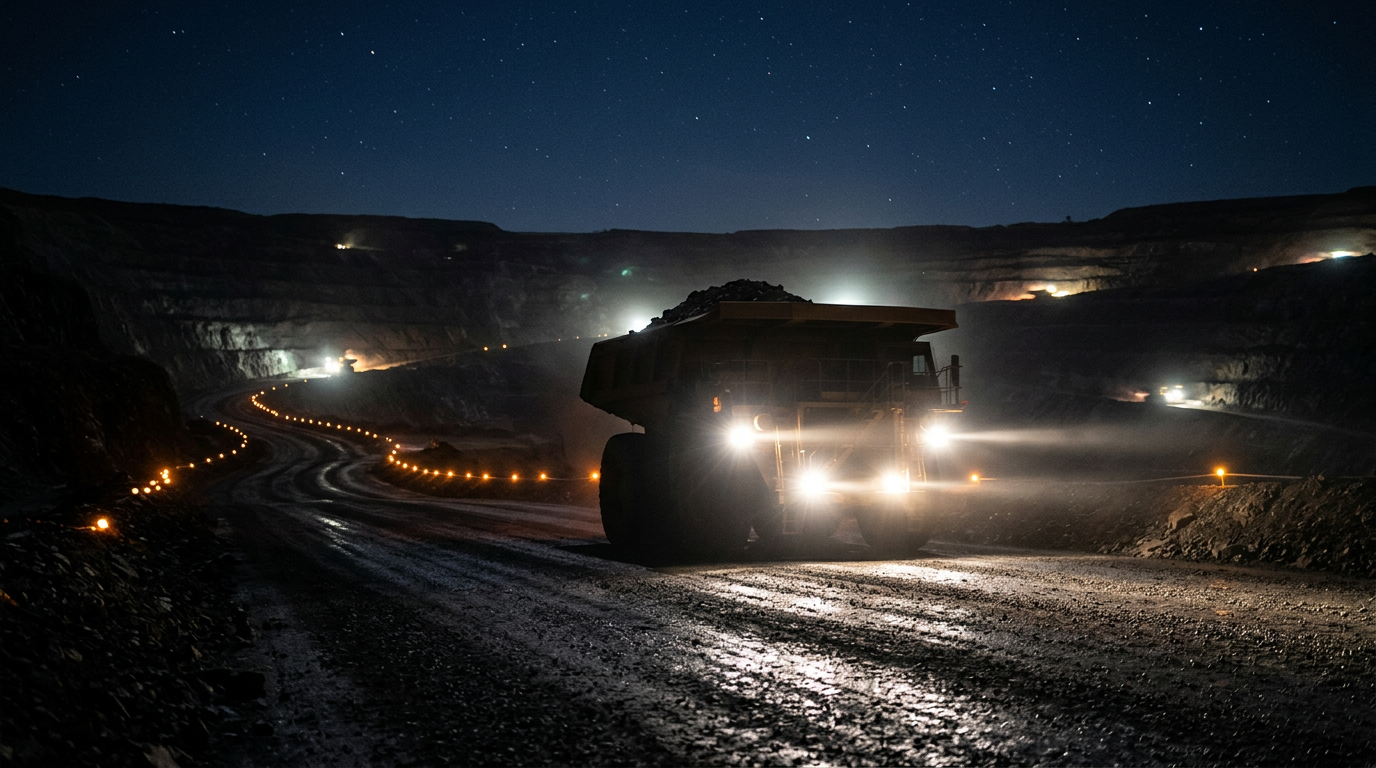 The image depicts a large haul truck navigating a lit haul road within an open-pit mine at night. The truck's bright headlights illuminate the gravel surface while the surrounding area features distant marker lights that create a series of amber dots, blending with the starry sky above.