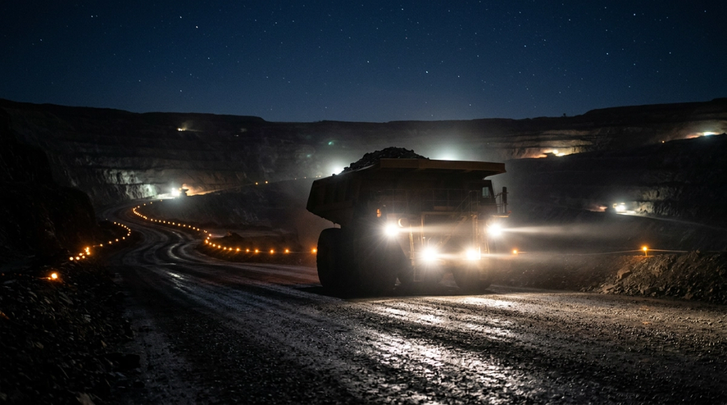 The image depicts a large haul truck navigating a lit haul road within an open-pit mine at night. The truck's bright headlights illuminate the gravel surface while the surrounding area features distant marker lights that create a series of amber dots, blending with the starry sky above.
