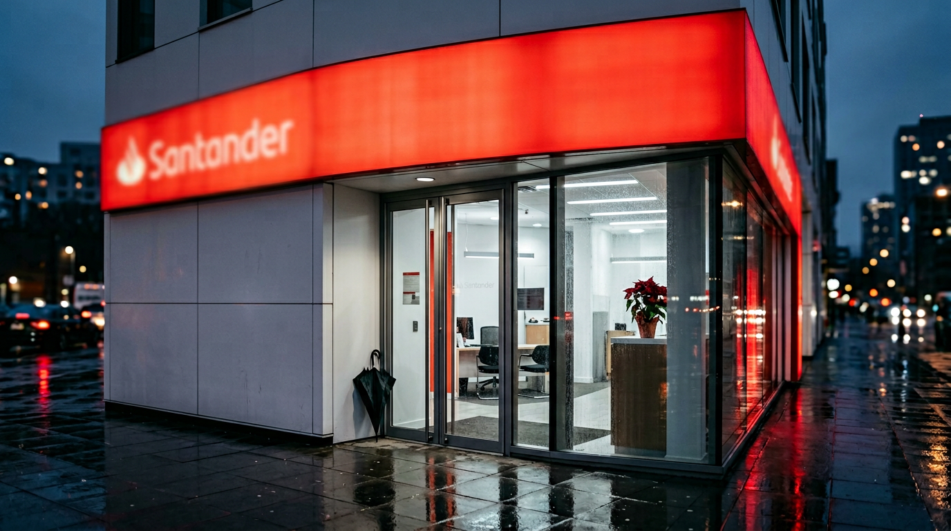 The image depicts the exterior corner of a modern Santander bank branch at dusk, showcasing a bright red backlit canopy that illuminates the wet pavement beneath. The glass entrance door reveals a sparsely furnished interior with cool white lighting and a wilting poinsettia, while a single abandoned black umbrella leans against the wall, capturing the stillness after a recent rain.