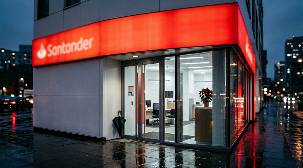 The image depicts the exterior corner of a modern Santander bank branch at dusk, showcasing a bright red backlit canopy that illuminates the wet pavement beneath. The glass entrance door reveals a sparsely furnished interior with cool white lighting and a wilting poinsettia, while a single abandoned black umbrella leans against the wall, capturing the stillness after a recent rain.
