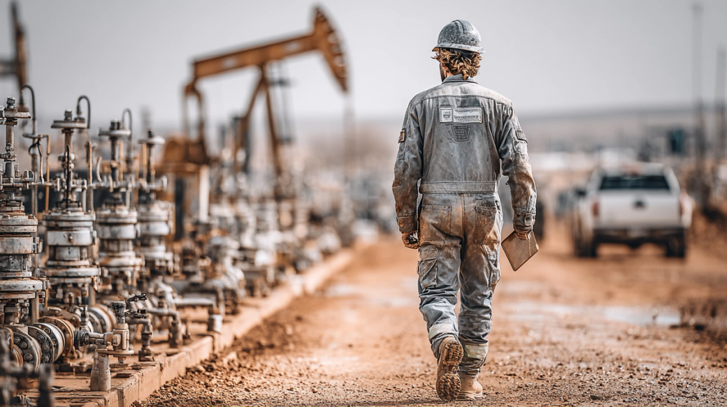 The image depicts a worker in a dusty oil field, walking away from rows of machinery and equipment used in oil extraction. The individual is wearing a protective helmet and work suit, indicating a focus on safety in a rugged environment.