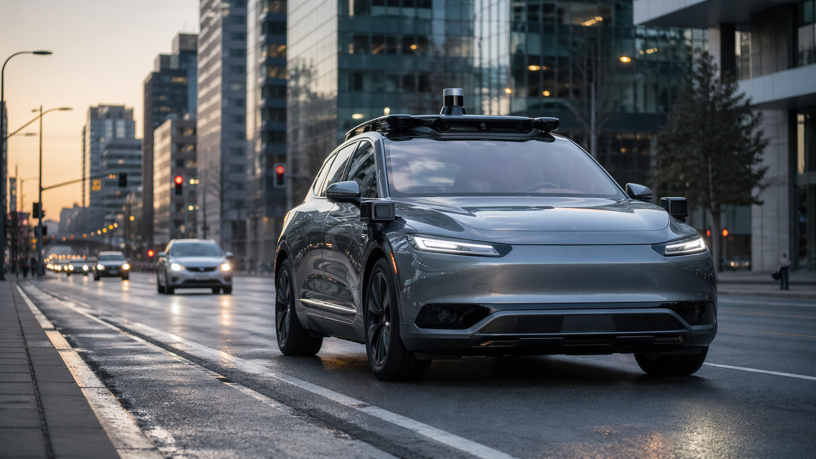 The image features a sleek, modern autonomous vehicle driving in an urban environment, with tall buildings lining the street. The setting suggests advanced technology integrated into daily transportation.
