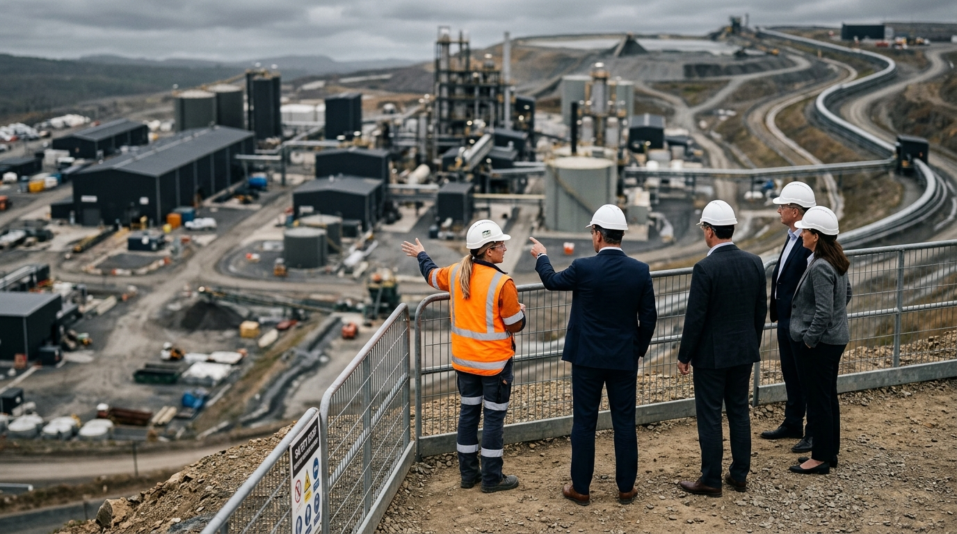A group of professionals in hard hats observe a large industrial facility from a vantage point. The scene depicts various machinery and infrastructure in a sprawling landscape, highlighting an active construction or mining operation.