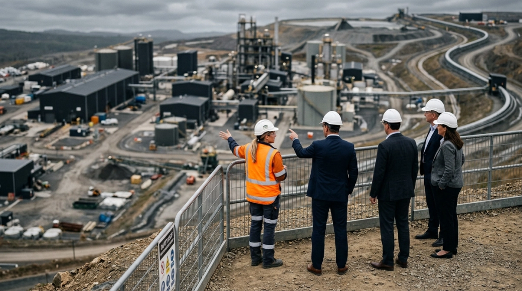 A group of professionals in hard hats observe a large industrial facility from a vantage point. The scene depicts various machinery and infrastructure in a sprawling landscape, highlighting an active construction or mining operation.